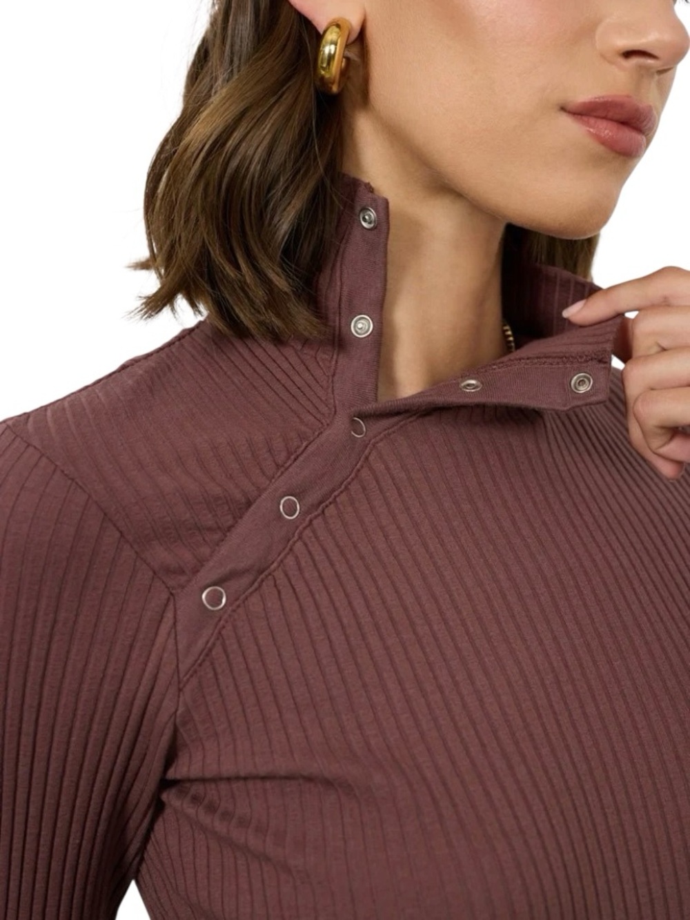 LA Made Andre Long Sleeve Snap Turtleneck Medium Peppercorn Mauve/Plum Ribbed
